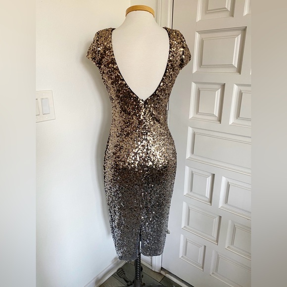 Dress The Population Ombré Gold Silver Sequin Dress Cap Sleeve Low Back Medium - Picture 11 of 12